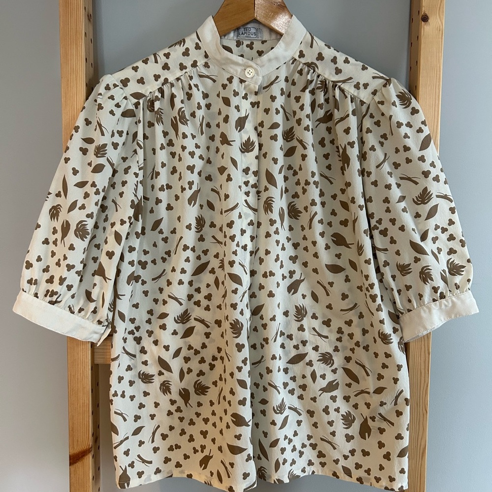 Ted Lapidus Paris Vintage Puffed Sleeve Blouse Taupe & Cream Leaf Pattern Sz S-M